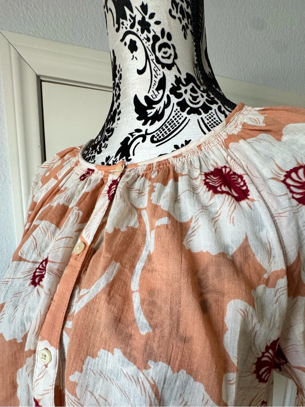 Madewell Peach and White Floral Button-Up Peasant Blouse